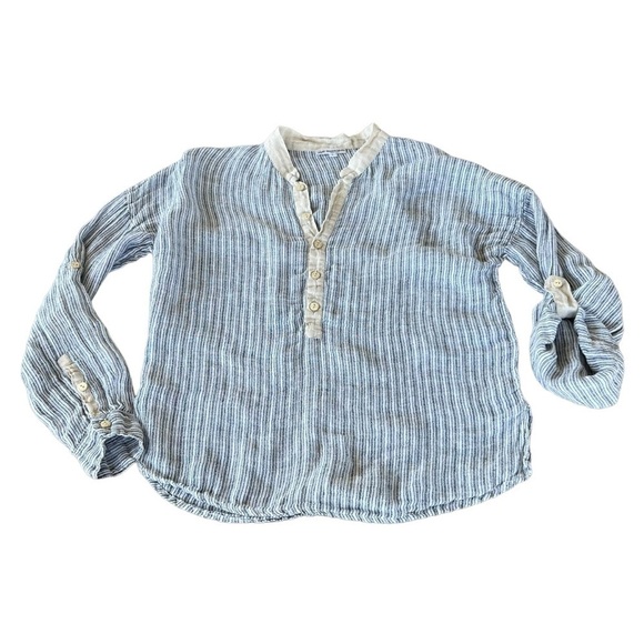 Mastro Moda Italy 100% Linen Stripe Popover Henley Top Blue Ecru Roll Tab Small - Picture 7 of 13